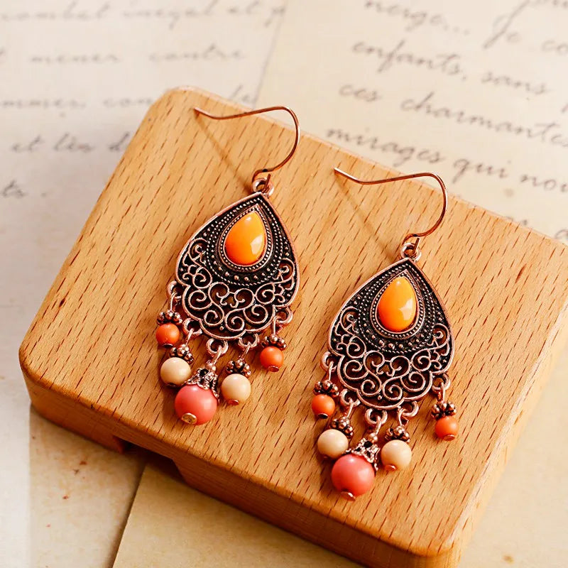 Bohemian Orange Beaded Tassel Drop Earrings Ethnic Carved Alloy For Women Vintage Stone Boho Ladies Earrings