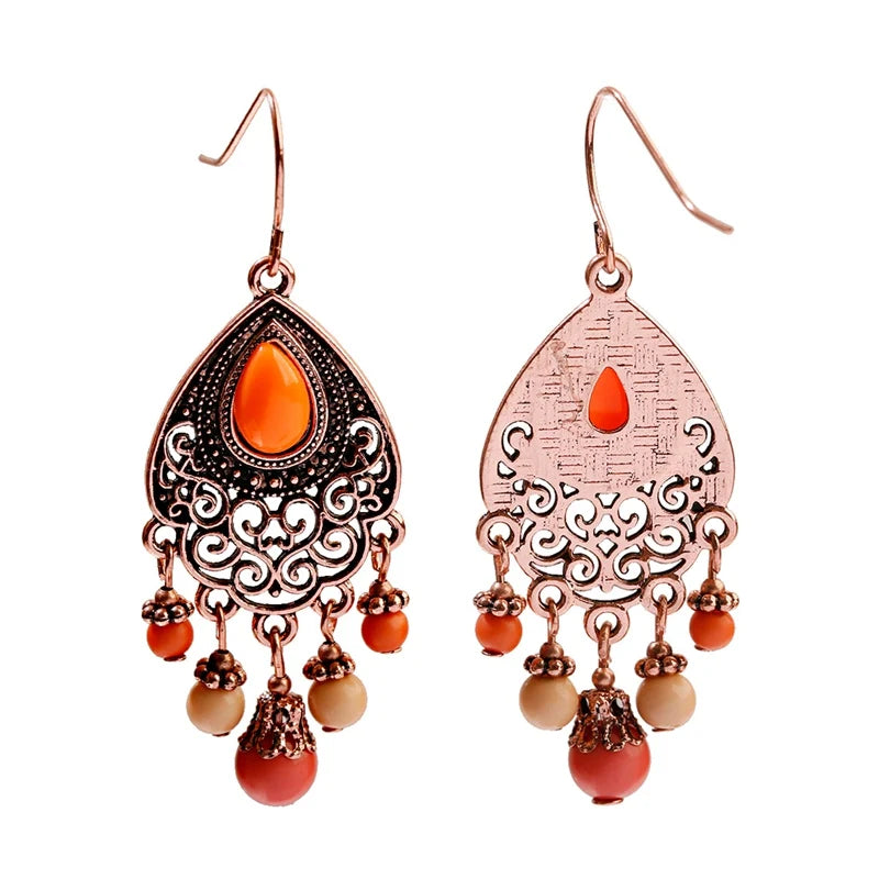 Bohemian Orange Beaded Tassel Drop Earrings Ethnic Carved Alloy For Women Vintage Stone Boho Ladies Earrings