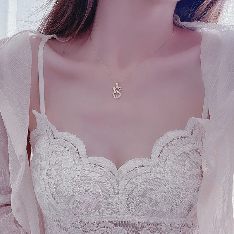 14k Plated Gold Cute Bear Short Necklace for Women Ins Hot Sale Shine Zircon Choker Birthday Gift Wedding Jewelry Pendant