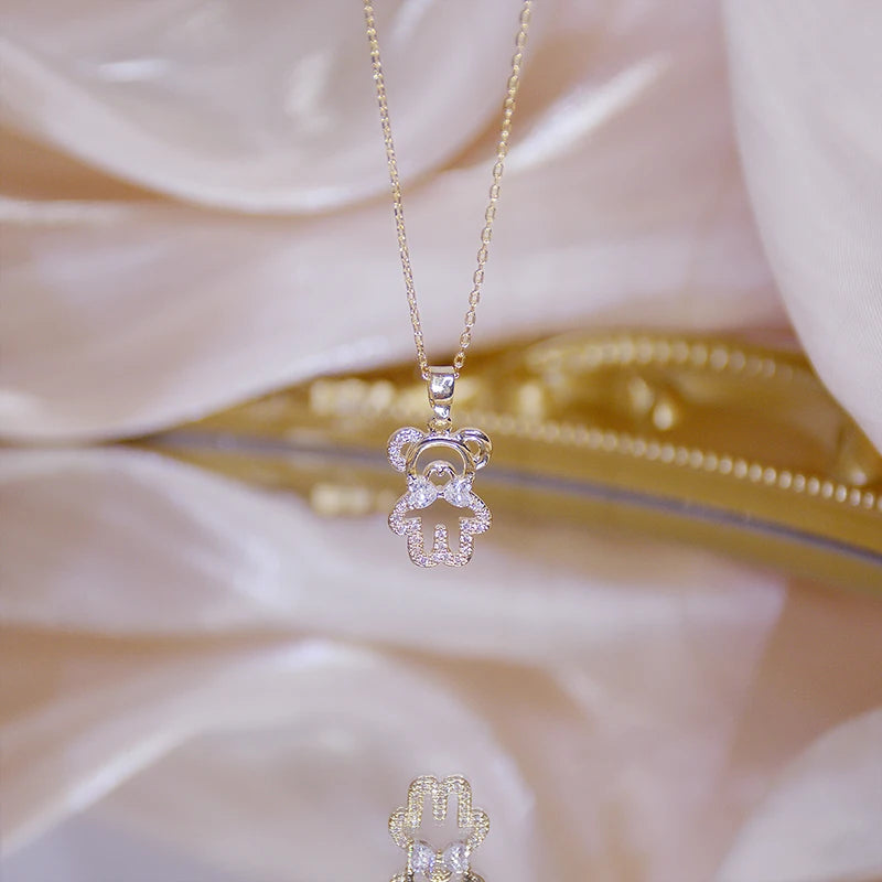 14k Plated Gold Cute Bear Short Necklace for Women Ins Hot Sale Shine Zircon Choker Birthday Gift Wedding Jewelry Pendant