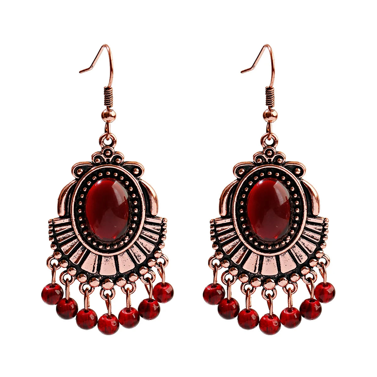 Bohemian Orange Beaded Tassel Drop Earrings Ethnic Carved Alloy For Women Vintage Stone Boho Ladies Earrings