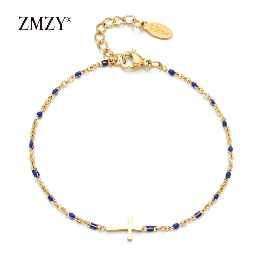 ZMZY Girls Boho Thin Chain Stainless Steel Bracelets For Women Gold Color Peach Pink Cross Charm Beautiful Gift
