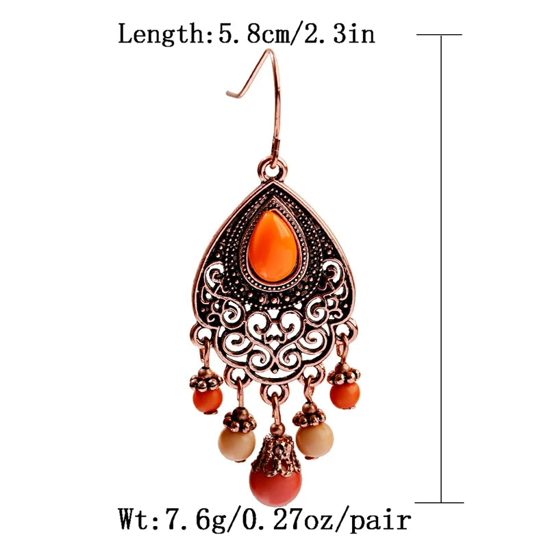 Bohemian Orange Beaded Tassel Drop Earrings Ethnic Carved Alloy For Women Vintage Stone Boho Ladies Earrings