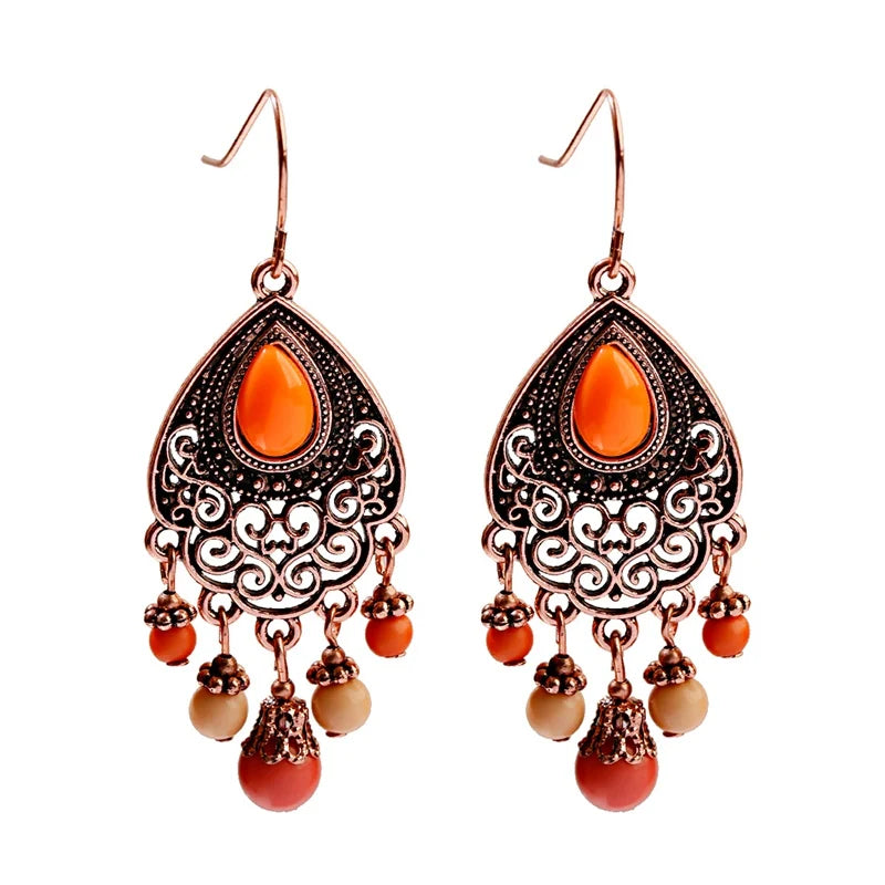 Bohemian Orange Beaded Tassel Drop Earrings Ethnic Carved Alloy For Women Vintage Stone Boho Ladies Earrings