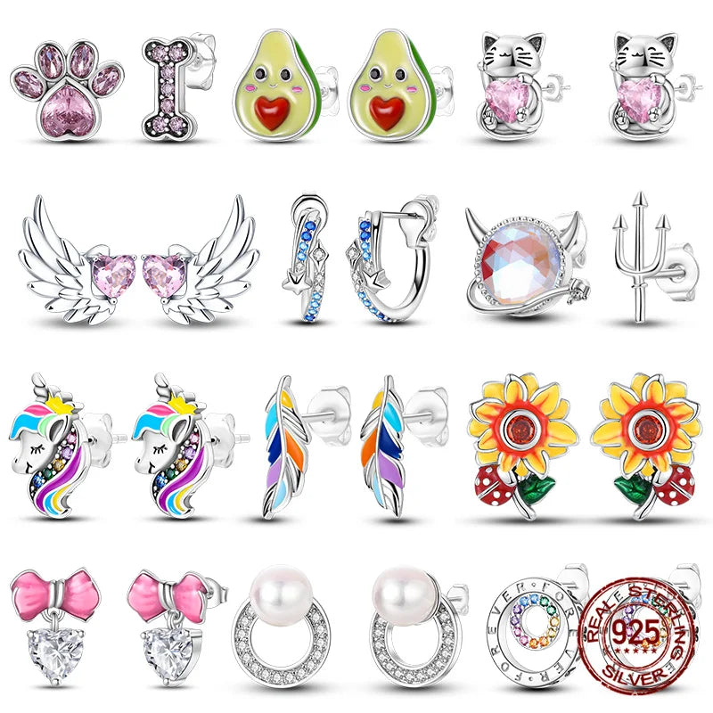 Classic 100% 925 Sterling Silver Wings Heart Inlaid Unicorn Women's Earrings Suitable for Birthday Party Anniversary Gift