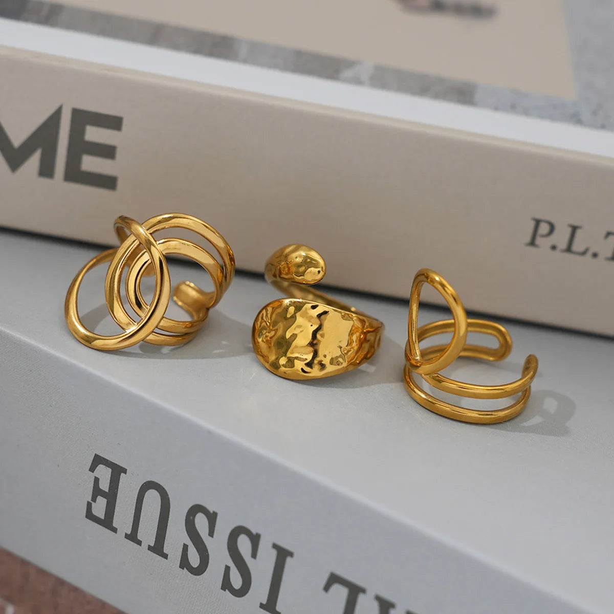 Stainless Steel Geometric Hollow Layered Wide Ring Metal Texture Waterproof Daily Simple Stylish Golden Jewelry for Women