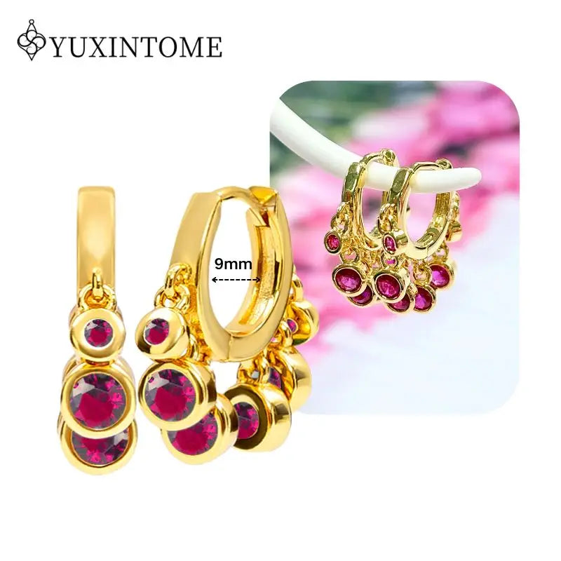 Rose Red Zircon Gold Earrings for women 925 Sterling Silver Ear Needle Geometric Pendant Hoop Earrings Fashion Wedding Jewelry