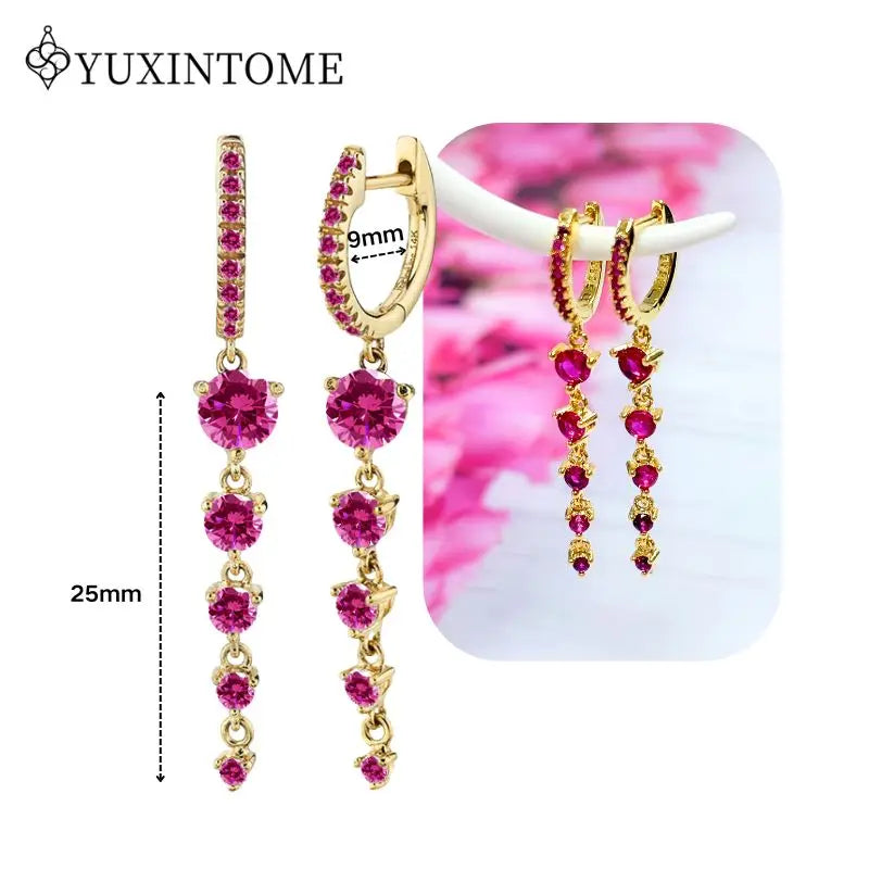 Rose Red Zircon Gold Earrings for women 925 Sterling Silver Ear Needle Geometric Pendant Hoop Earrings Fashion Wedding Jewelry