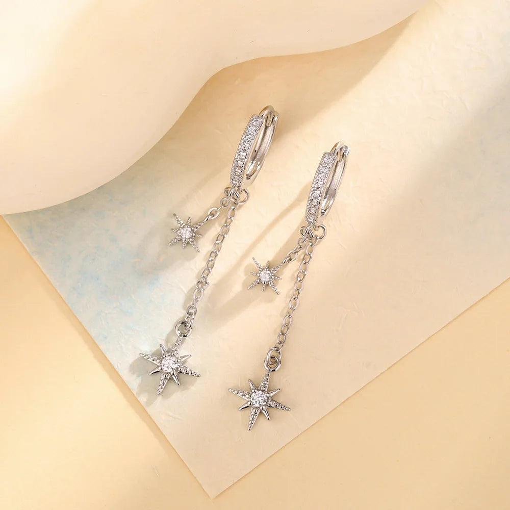 925 Sterling Silver 2-layered Sparkling Star Long Tassel Drop Earrings For Women Wedding Party Jewelry Gift Female Pendientes