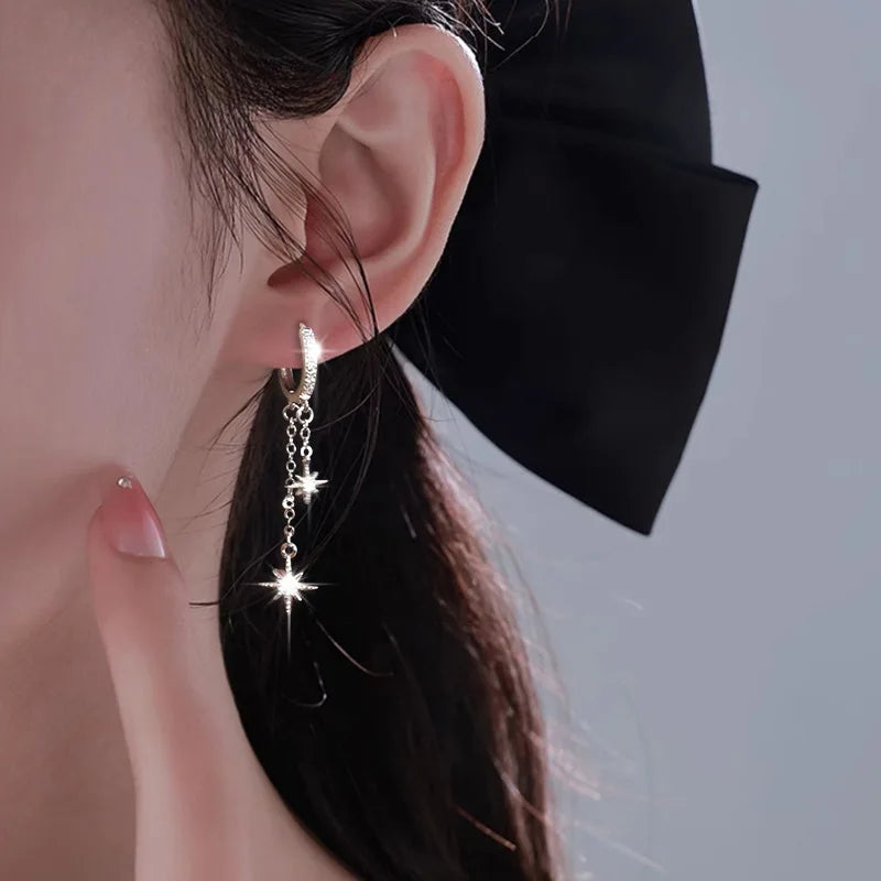 925 Sterling Silver 2-layered Sparkling Star Long Tassel Drop Earrings For Women Wedding Party Jewelry Gift Female Pendientes