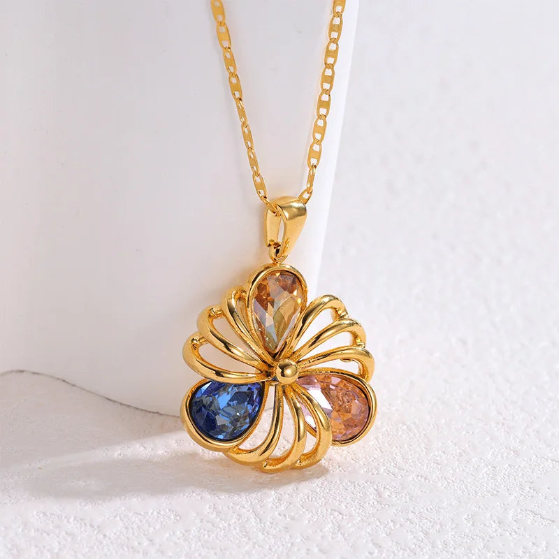 Letdiffery Fashion Hollow Zircon Flower Earring Ring Necklace Set for Women Stainless Steel Delicate Colorful Floral Jewelry Set