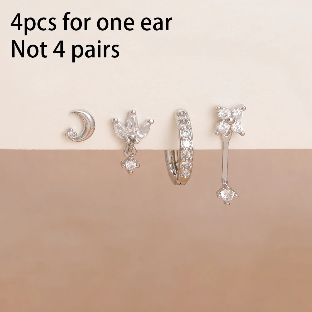 4PCS Zircon Star Moon Flower Small Hoop Earrings Set For Women Stainless Steel Huggies Pendant Piercing Earrings Jewelry Aretes