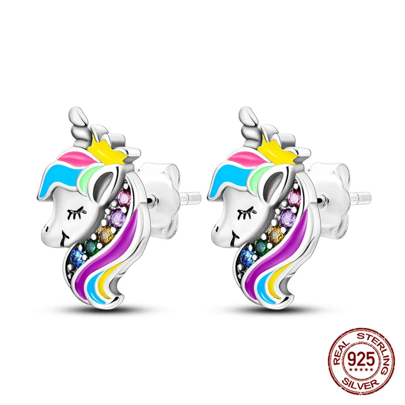 Classic 100% 925 Sterling Silver Wings Heart Inlaid Unicorn Women's Earrings Suitable for Birthday Party Anniversary Gift