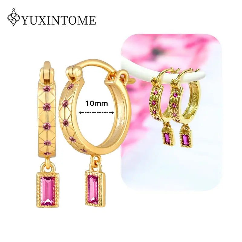 Rose Red Zircon Gold Earrings for women 925 Sterling Silver Ear Needle Geometric Pendant Hoop Earrings Fashion Wedding Jewelry