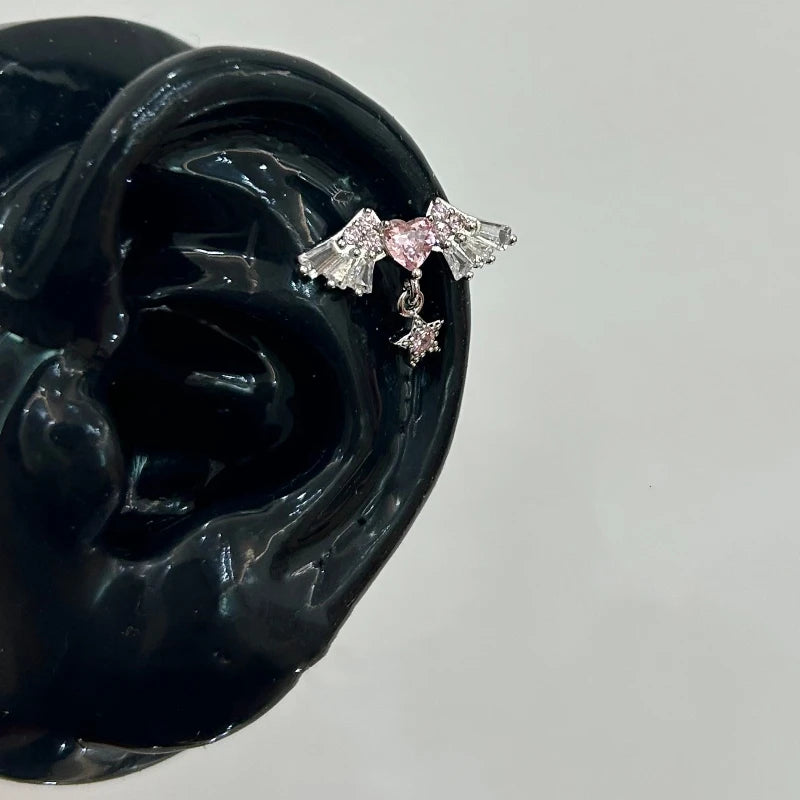 1 Pcs Pink Love Heart Wings Star Pendant Ear Bone Nail 316L Stainless Steel Piercing Earring Y2K Punk Jewelry Women Accessories