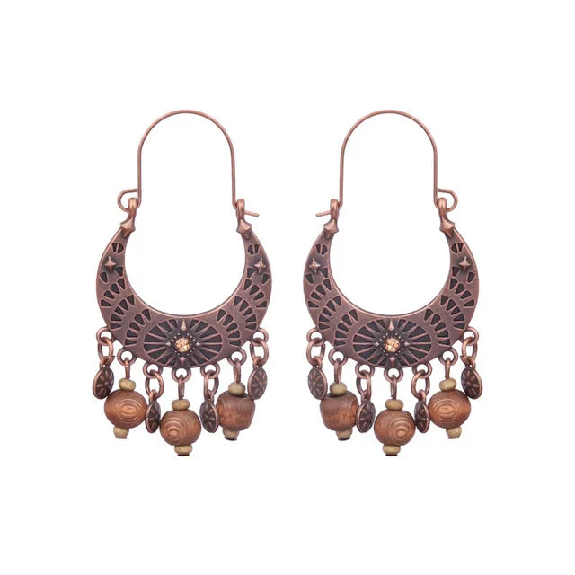 Bohemian Orange Beaded Tassel Drop Earrings Ethnic Carved Alloy For Women Vintage Stone Boho Ladies Earrings