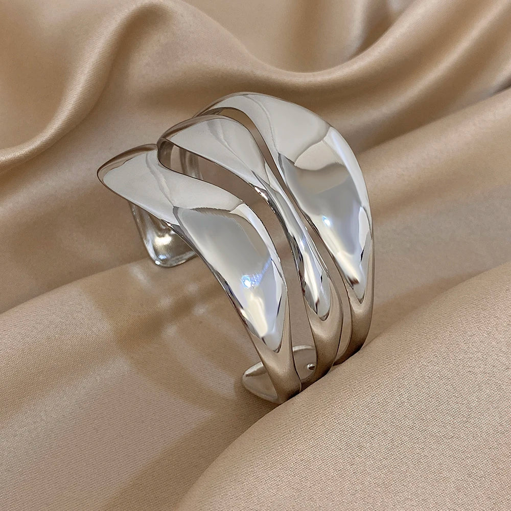 Irregular Gold Plated Stainless Steel Wide Bracelet Exaggerated Smooth Multilayer Geometric Cuff Bangles Waterproof Jewelry