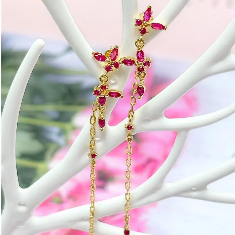 Rose Red Zircon Gold Earrings for women 925 Sterling Silver Ear Needle Geometric Pendant Hoop Earrings Fashion Wedding Jewelry