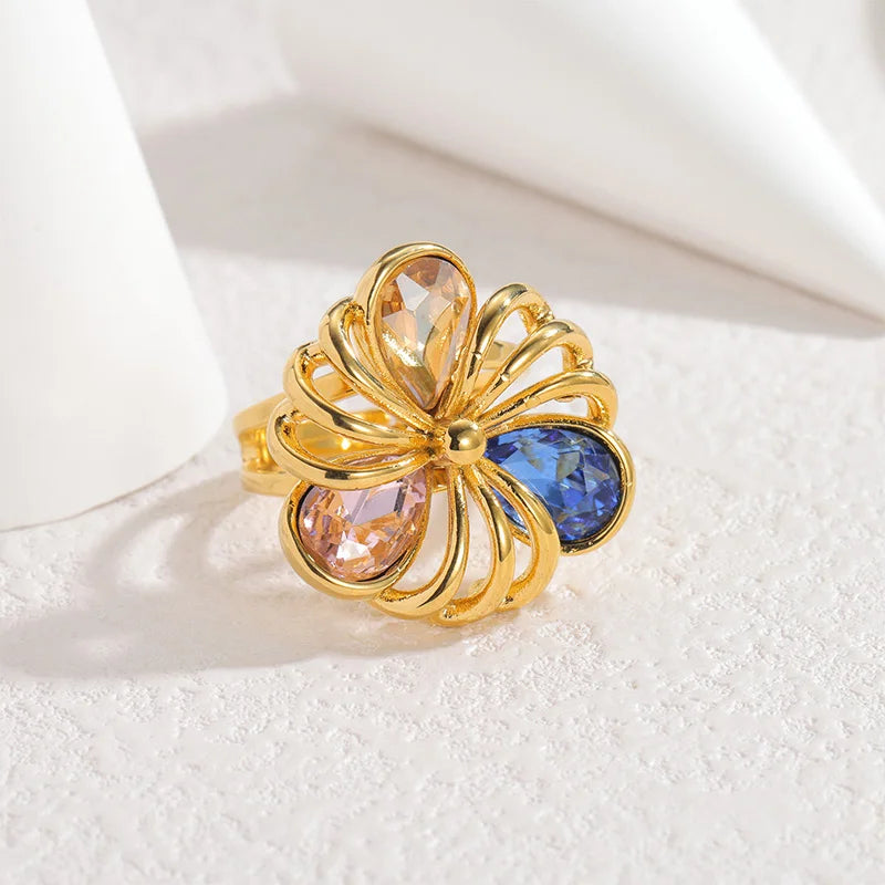 Letdiffery Fashion Hollow Zircon Flower Earring Ring Necklace Set for Women Stainless Steel Delicate Colorful Floral Jewelry Set