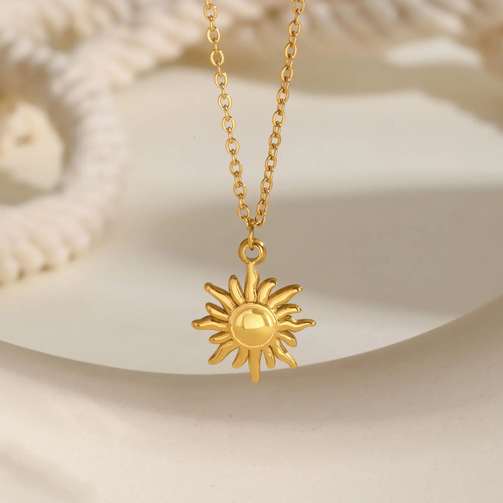 Stainless Steel Spiral Sun Flower Pendant Necklace for Women 18K Gold Plated Stackable Boho Necklace Waterproof Fashion Jewelry