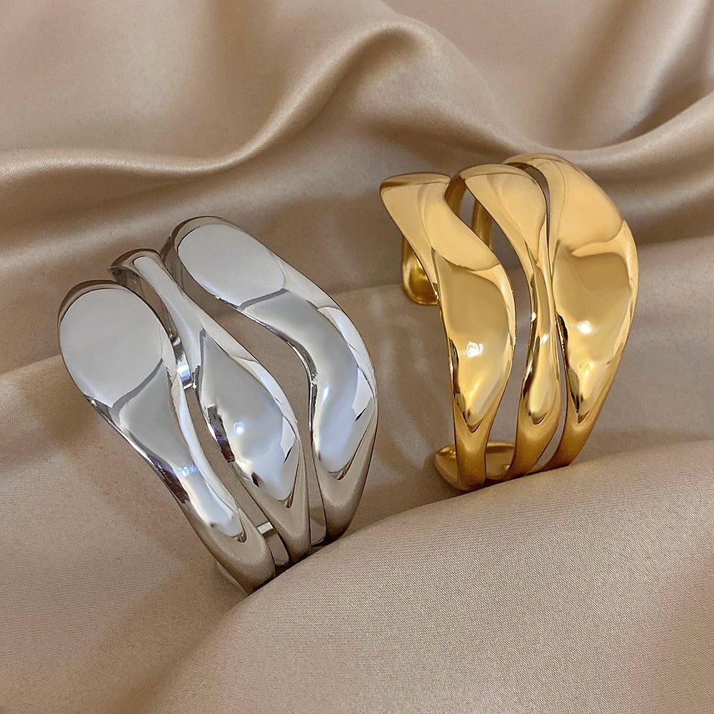 Irregular Gold Plated Stainless Steel Wide Bracelet Exaggerated Smooth Multilayer Geometric Cuff Bangles Waterproof Jewelry