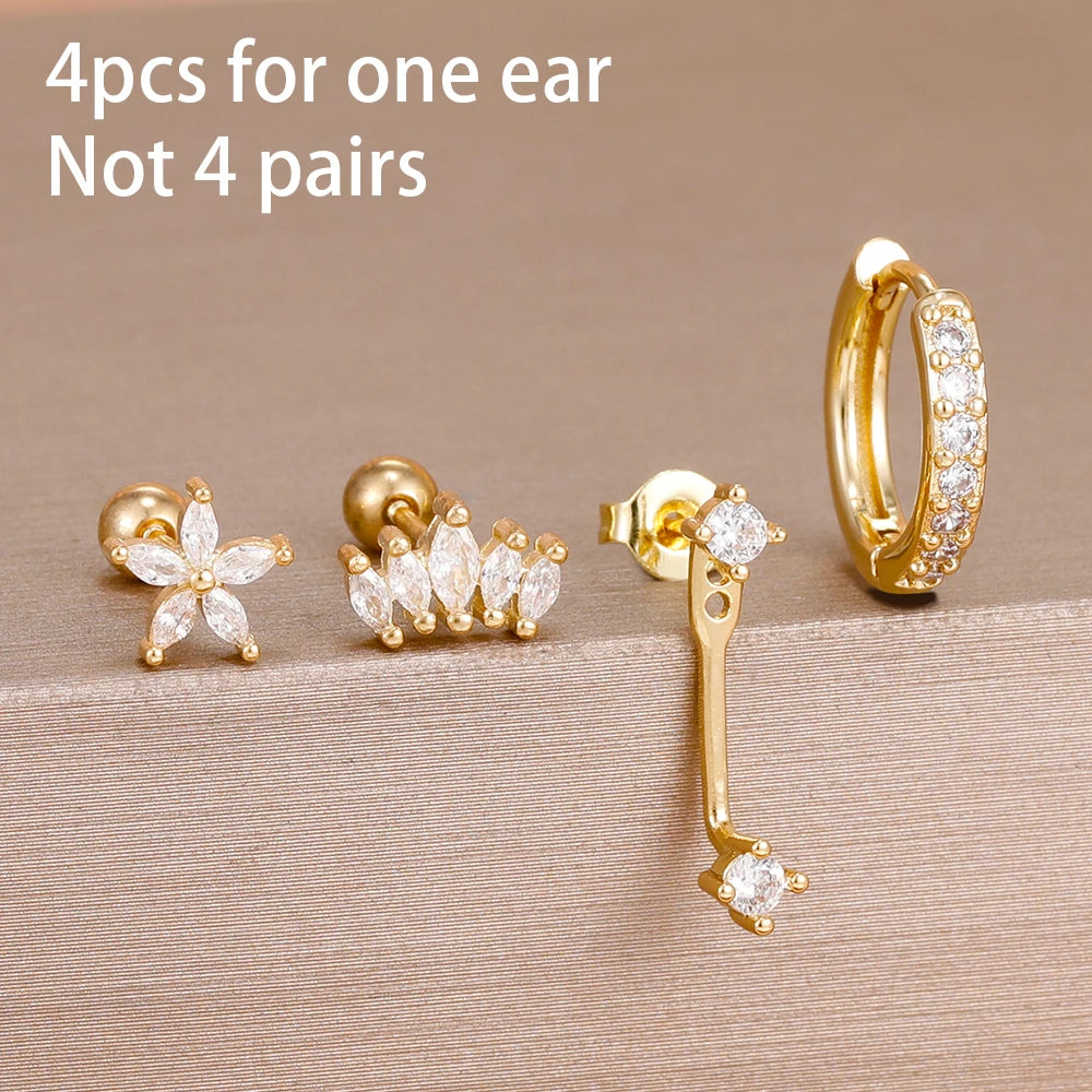 4PCS Zircon Star Moon Flower Small Hoop Earrings Set For Women Stainless Steel Huggies Pendant Piercing Earrings Jewelry Aretes
