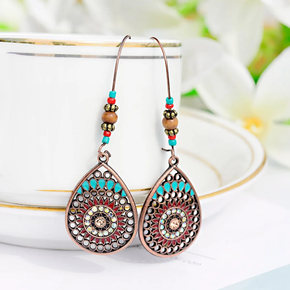 Bohemian Orange Beaded Tassel Drop Earrings Ethnic Carved Alloy For Women Vintage Stone Boho Ladies Earrings