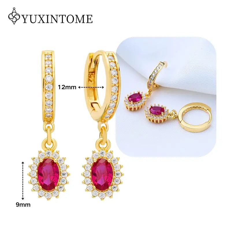 Rose Red Zircon Gold Earrings for women 925 Sterling Silver Ear Needle Geometric Pendant Hoop Earrings Fashion Wedding Jewelry