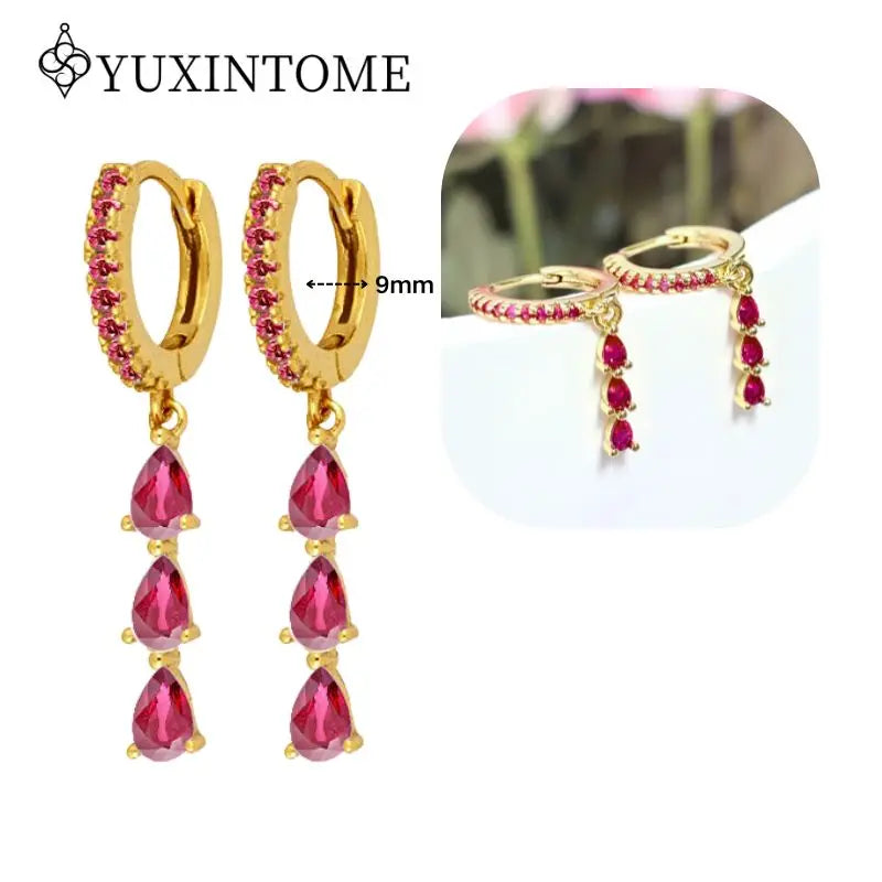 Rose Red Zircon Gold Earrings for women 925 Sterling Silver Ear Needle Geometric Pendant Hoop Earrings Fashion Wedding Jewelry