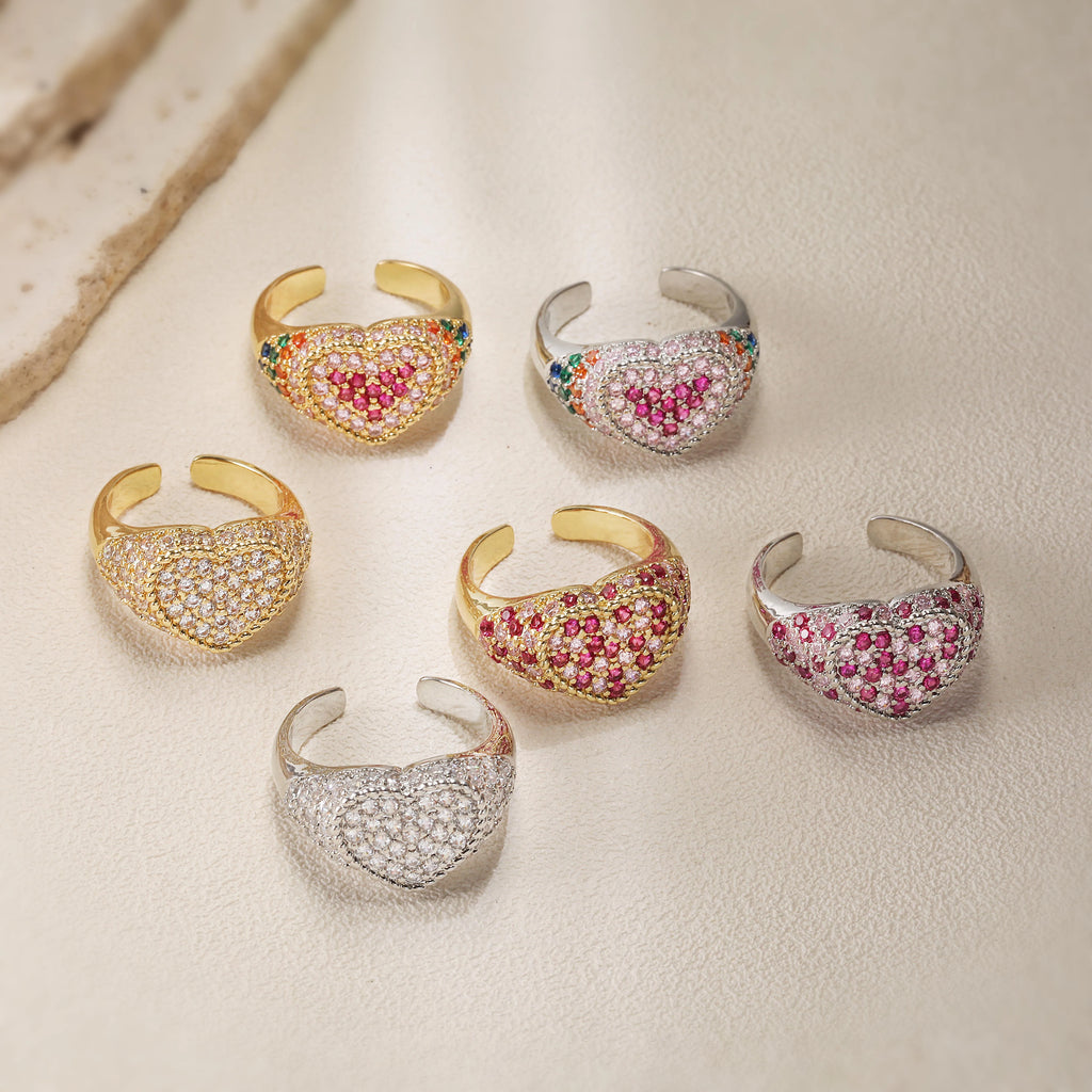 HECHENG,18K Golden-Plated Red Zirconia Heart Shape Sweet Romantic Ring for Women Fashion Adjustable Wedding Jewellery Gift