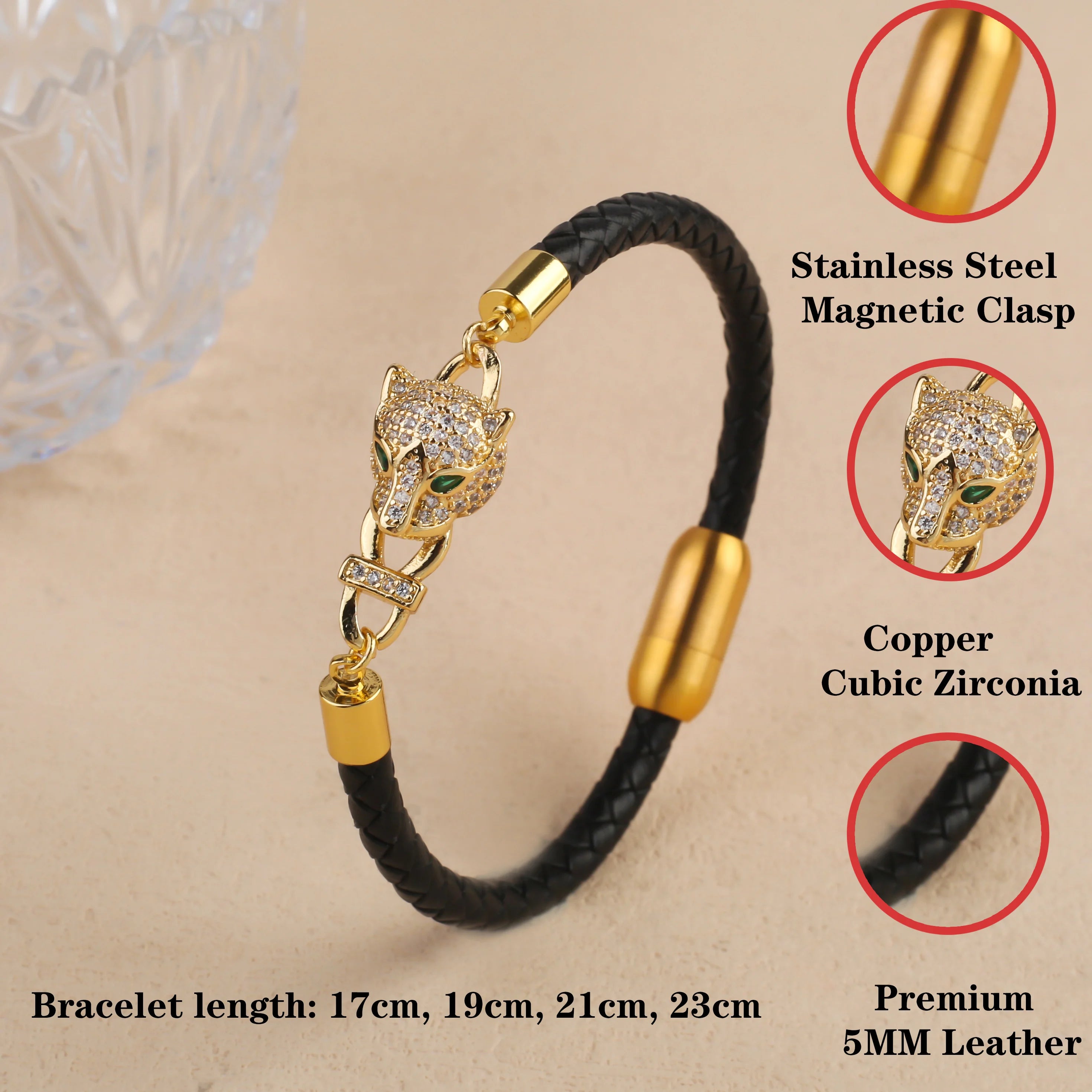 Bully Animal Style Leopard Head Braided Leather Rope Bracelet Fashion for Man Woman Stainless Steel Zirconia Jewelry Daily Wear