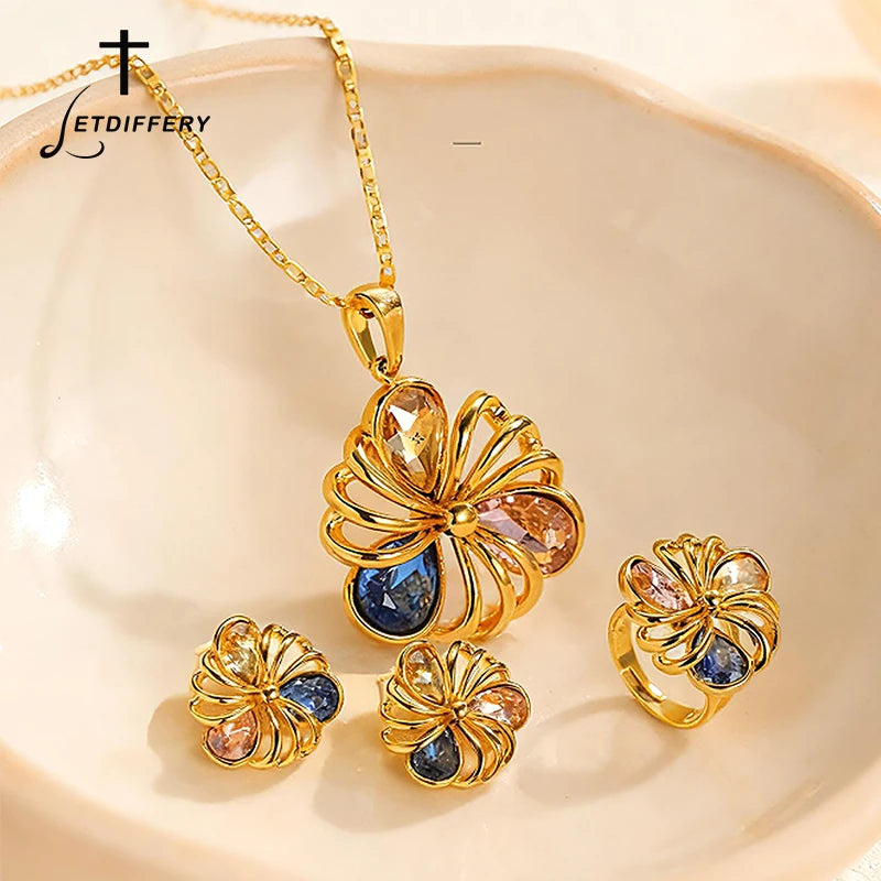 Letdiffery Fashion Hollow Zircon Flower Earring Ring Necklace Set for Women Stainless Steel Delicate Colorful Floral Jewelry Set