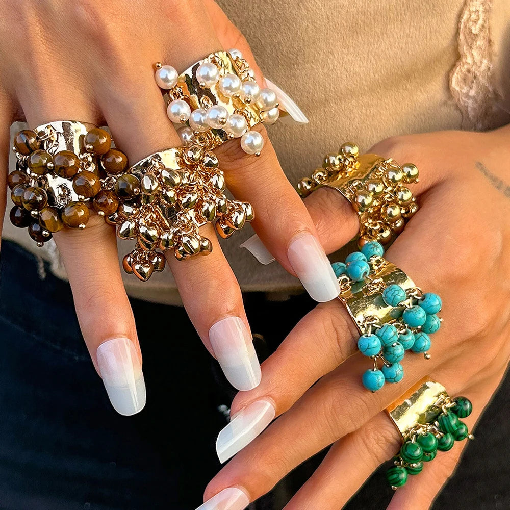 Vintage Colored Gemstones Beads Ball Tassels Wide Ring for Women Personality Exaggerated Metal Open Finger Ring Jewelry Gift