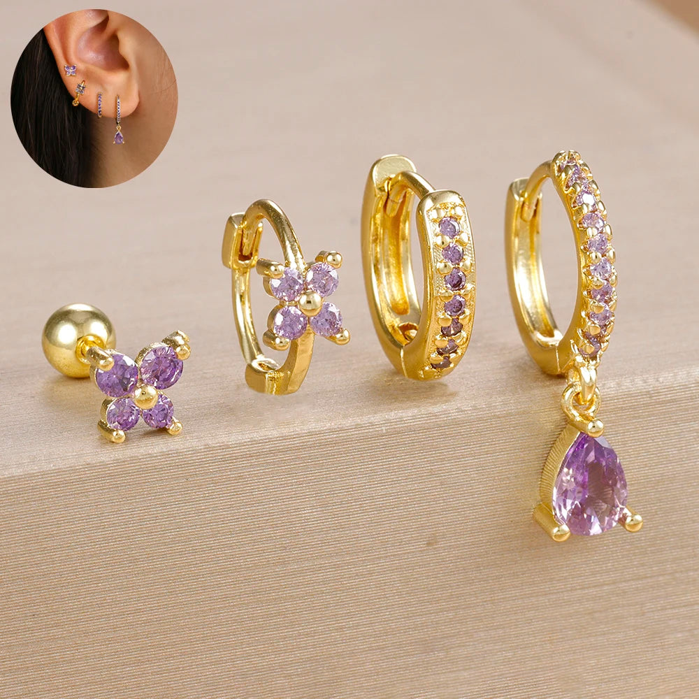 4PCS Zircon Star Moon Flower Small Hoop Earrings Set For Women Stainless Steel Huggies Pendant Piercing Earrings Jewelry Aretes