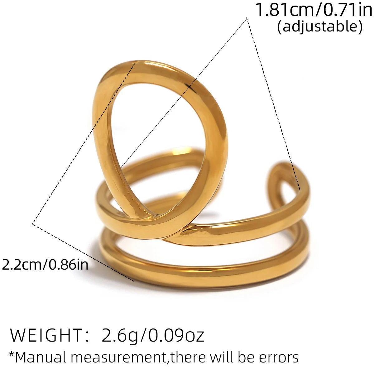 Stainless Steel Geometric Hollow Layered Wide Ring Metal Texture Waterproof Daily Simple Stylish Golden Jewelry for Women