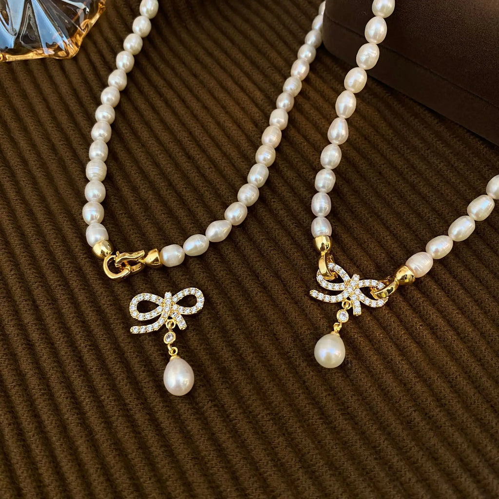 100% Natural Freshwater Pearl Elegant Bowknot 14K Gold Filled Female Short Chain Necklace Jewelry For Women Wedding Gifts