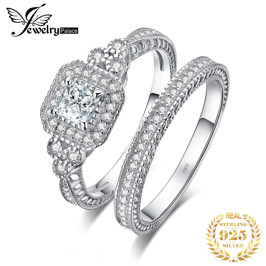 JewelryPalace 2 Pcs Wedding Ring for Women 925 Sterling Silver Engagement Ring AAAAA CZ Simulated Diamond Luxury Bridal Sets