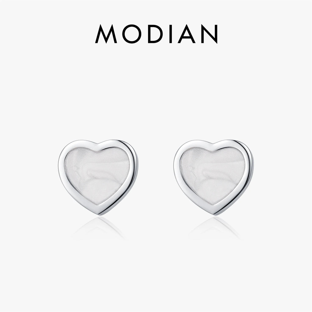 MODIAN 925 Sterling Silver Fashion Romantic White Enamel Hearts Stud Earrings For Women Girls Party Fine Jewelry Accessories