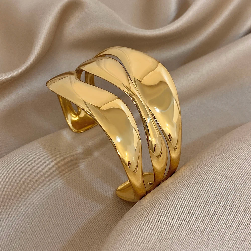Irregular Gold Plated Stainless Steel Wide Bracelet Exaggerated Smooth Multilayer Geometric Cuff Bangles Waterproof Jewelry