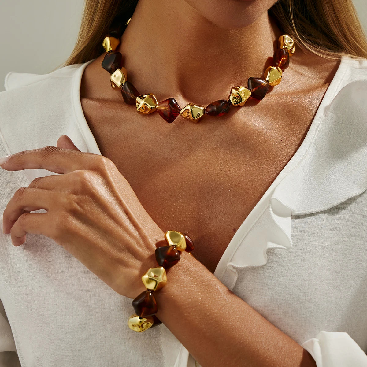 SHIXIN Bohemian Resin Acrylic Necklace Bracelet Jewelry Set for Women Retro Bead Chain Choker Necklace Elastic Bangle Lady Gift