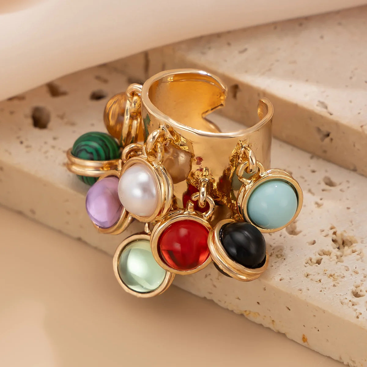 Vintage Colored Gemstones Beads Ball Tassels Wide Ring for Women Personality Exaggerated Metal Open Finger Ring Jewelry Gift
