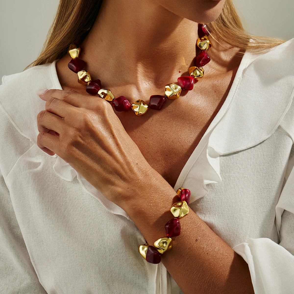 SHIXIN Bohemian Resin Acrylic Necklace Bracelet Jewelry Set for Women Retro Bead Chain Choker Necklace Elastic Bangle Lady Gift