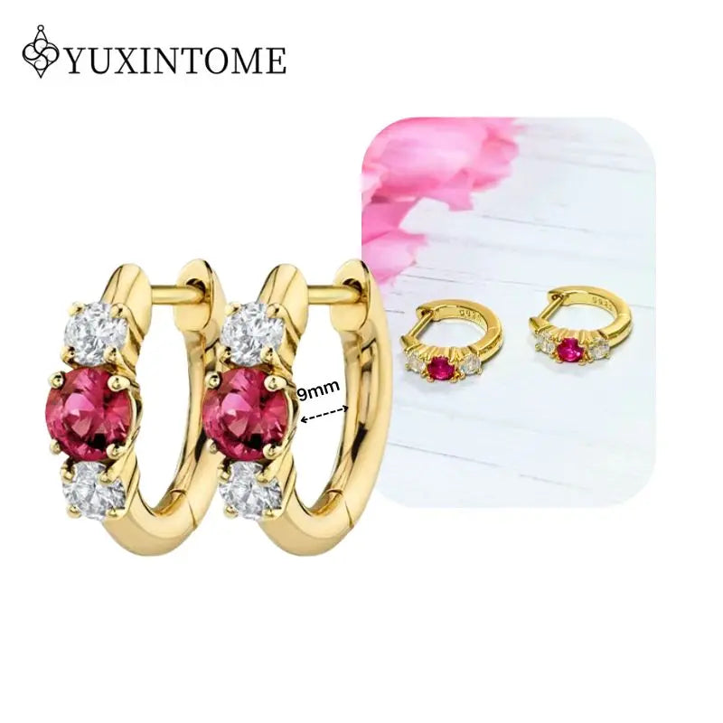 Rose Red Zircon Gold Earrings for women 925 Sterling Silver Ear Needle Geometric Pendant Hoop Earrings Fashion Wedding Jewelry