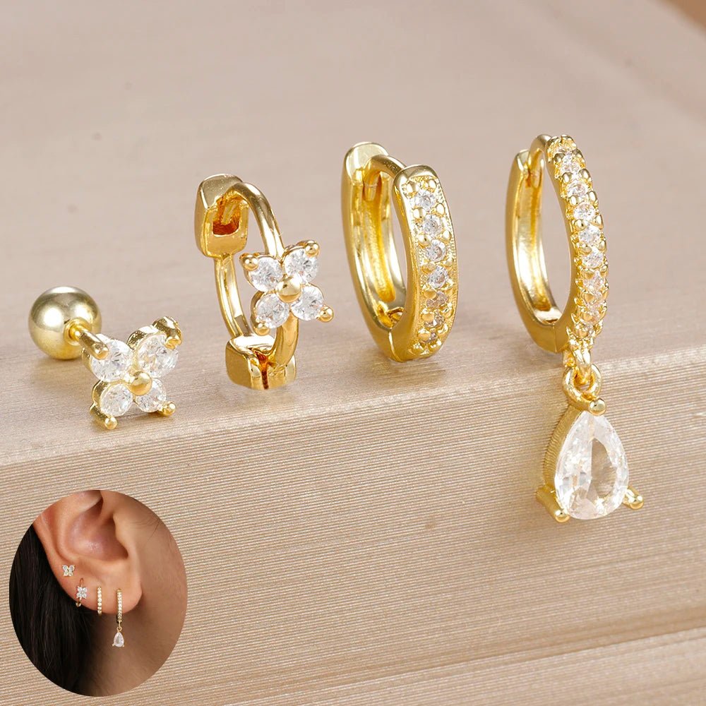 4PCS Zircon Star Moon Flower Small Hoop Earrings Set For Women Stainless Steel Huggies Pendant Piercing Earrings Jewelry Aretes