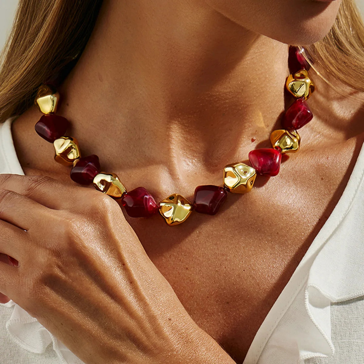 SHIXIN Bohemian Resin Acrylic Necklace Bracelet Jewelry Set for Women Retro Bead Chain Choker Necklace Elastic Bangle Lady Gift