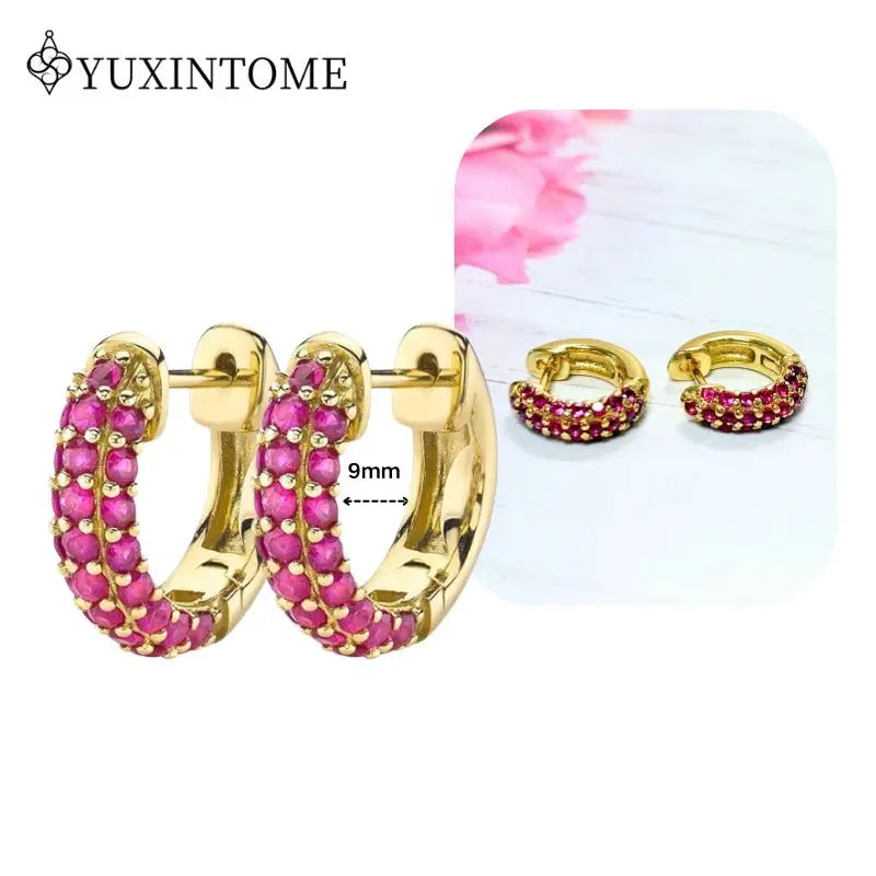 Rose Red Zircon Gold Earrings for women 925 Sterling Silver Ear Needle Geometric Pendant Hoop Earrings Fashion Wedding Jewelry