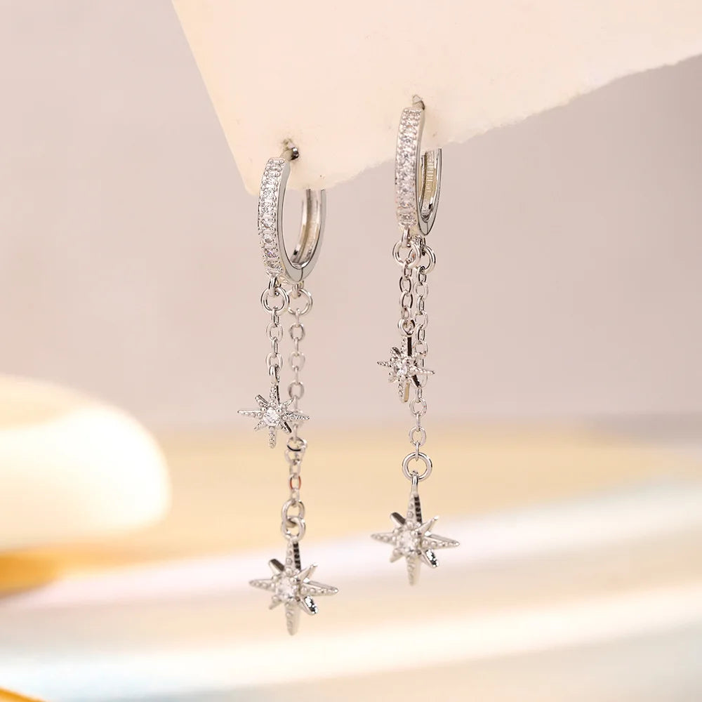 925 Sterling Silver 2-layered Sparkling Star Long Tassel Drop Earrings For Women Wedding Party Jewelry Gift Female Pendientes