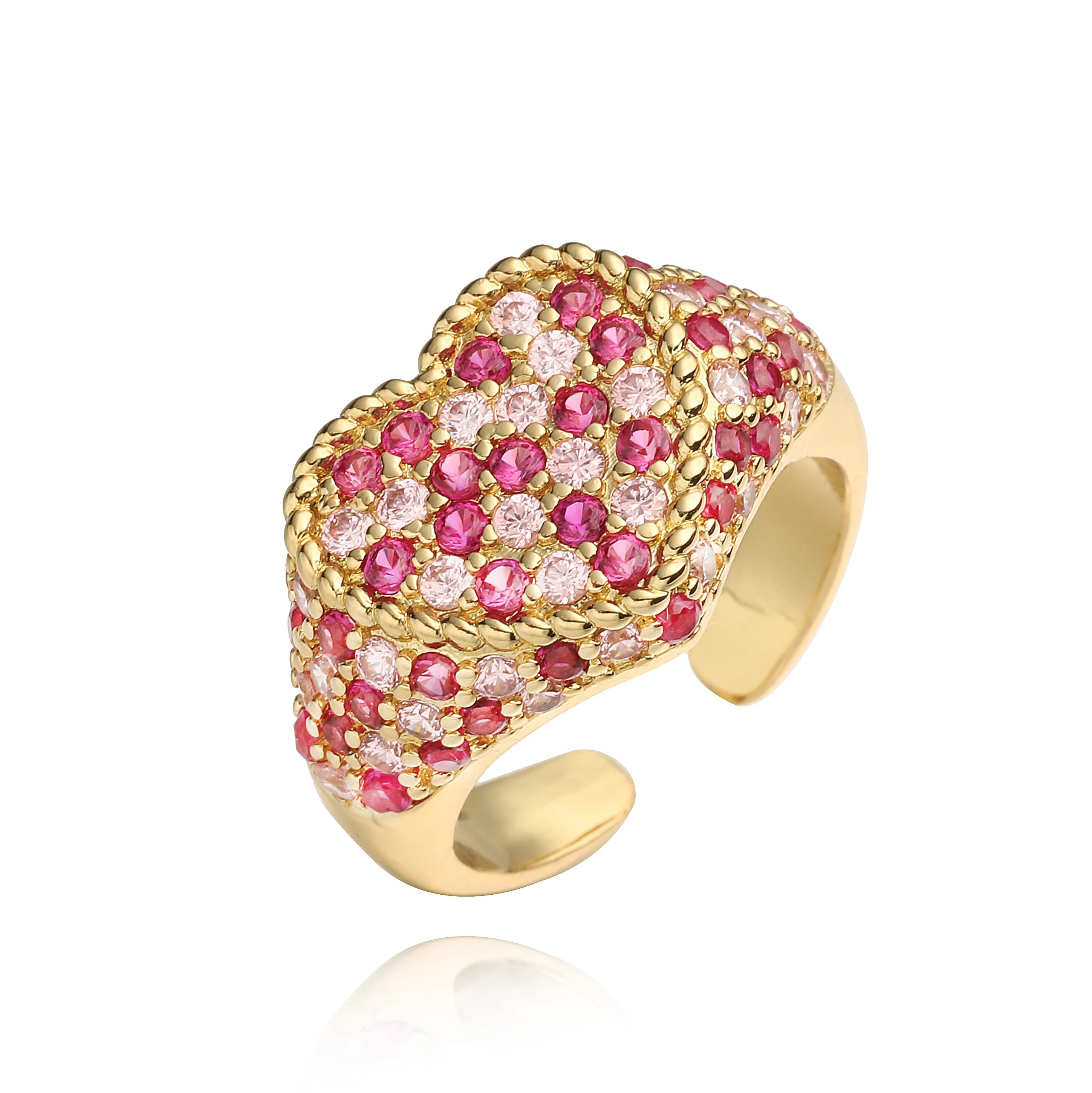 HECHENG,18K Golden-Plated Red Zirconia Heart Shape Sweet Romantic Ring for Women Fashion Adjustable Wedding Jewellery Gift