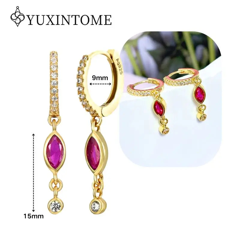 Rose Red Zircon Gold Earrings for women 925 Sterling Silver Ear Needle Geometric Pendant Hoop Earrings Fashion Wedding Jewelry