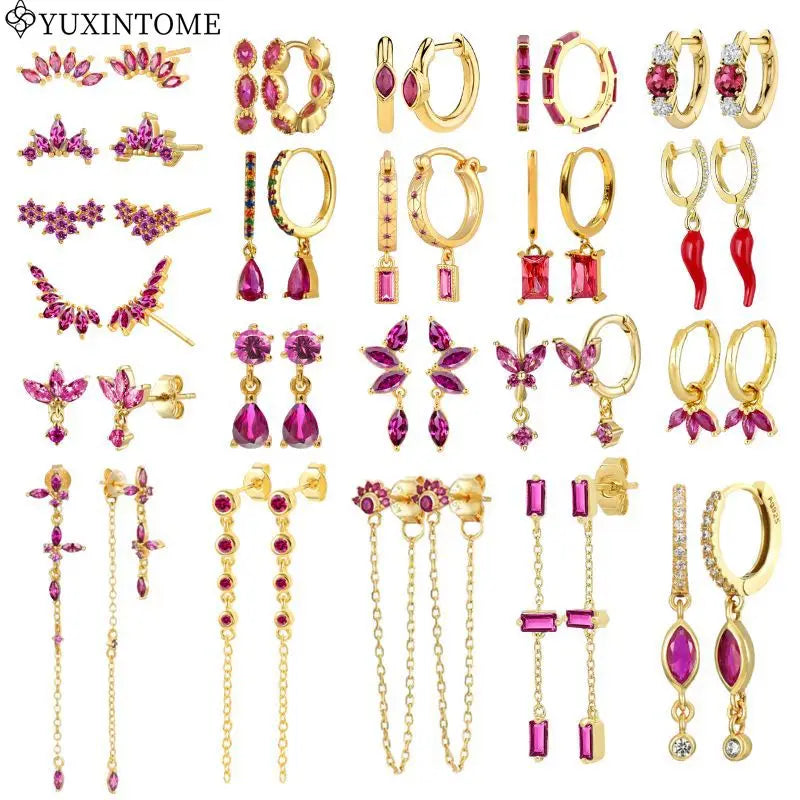 Rose Red Zircon Gold Earrings for women 925 Sterling Silver Ear Needle Geometric Pendant Hoop Earrings Fashion Wedding Jewelry